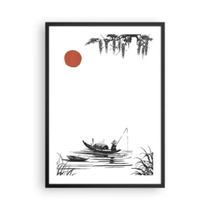 Poster in einem schwarzem Rahmen - Ein minimalistisches Gemälde eines Fischers in einem Boot mit einer roten Sonne. - 50x70cm - Asiatischer Nachmittag - Moderne Wanddekoration für Wohnzimmer und Schlafzimmer ARTTOR
