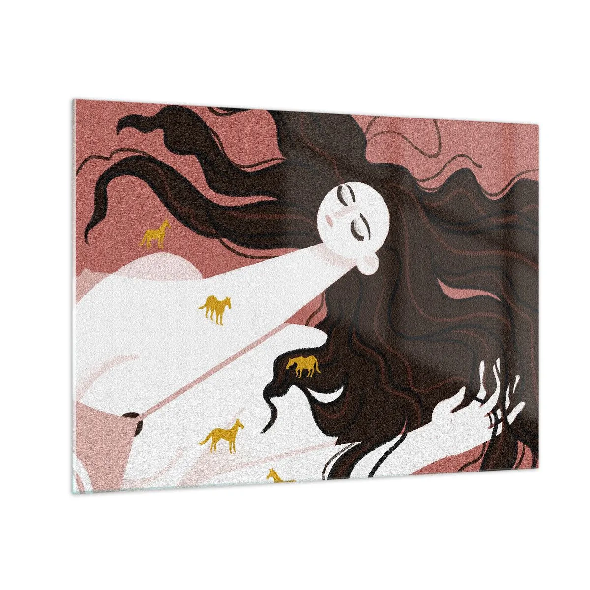 Glasbild - Bild auf glas - Eine Frau mit langen Haaren und goldenen Pferden auf rosa Hintergrund. - 70x50cm - Traum von einem goldenen Pferd - Moderne Wanddekoration für Wohnzimmer und Schlafzimmer ARTTOR