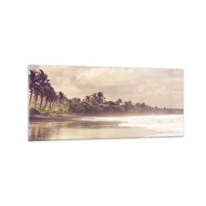Glasbild - Bild auf glas - Ein Strand mit Palmen und sanften Wellen am Morgen - 120x50cm - Die Liebkosung der Wellen - Moderne Wanddekoration für Wohnzimmer und Schlafzimmer ARTTOR