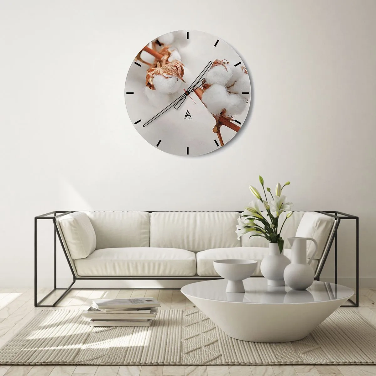 Wanduhr - Glasuhr - Weiße, flauschige Baumwollblumen auf hellem Hintergrund - 30x30cm - Nur umarmen - Moderne Wanddekoration für Wohnzimmer, Küche und Schlafzimmer ARTTOR