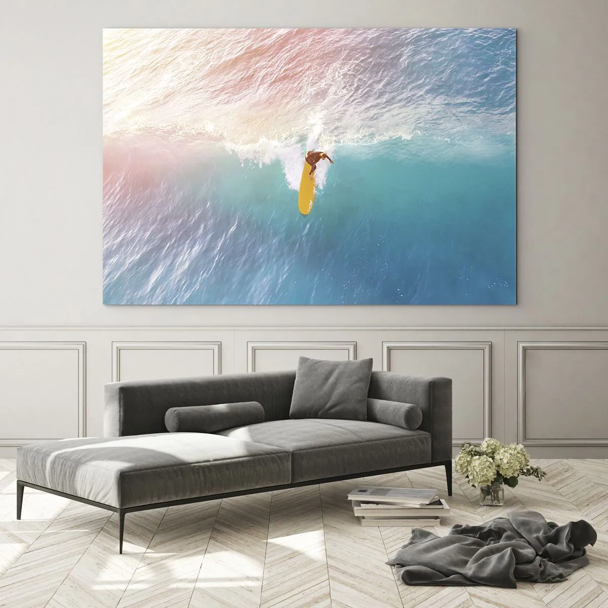 Glasbild - Bild auf glas - Surfer reitet auf einer Welle im türkisfarbenen Ozean - 120x80cm - Der Ozeanreiter - Moderne Wanddekoration für Wohnzimmer und Schlafzimmer ARTTOR