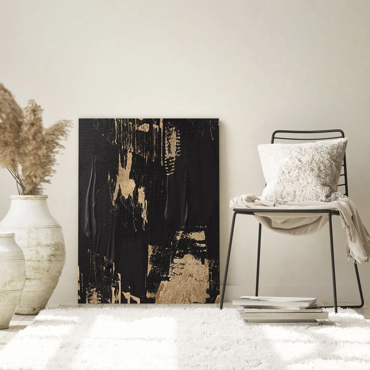 Glasbild - Bild auf glas - Schwarz-goldene Abstraktion mit pinselstrichartiger Textur - 50x70cm - Spur einer Berührung - Moderne Wanddekoration für Wohnzimmer und Schlafzimmer ARTTOR