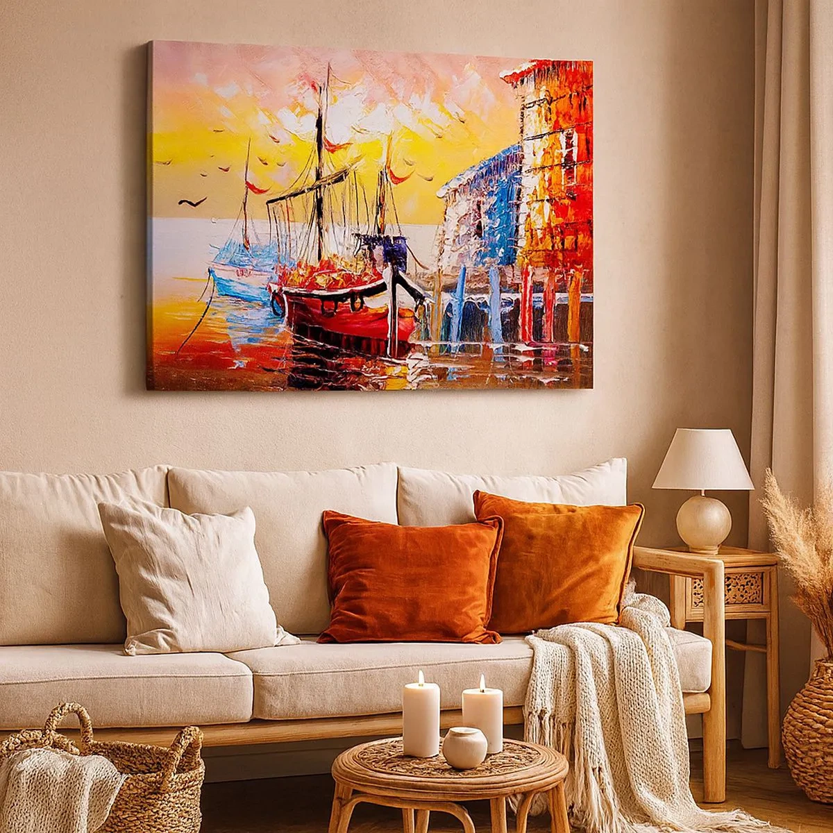 Bild auf Leinwand - Leinwandbild - Malerischer Hafen bei Sonnenuntergang mit Fischerbooten - 70x50cm - Glückliche Rückkehr - Moderne Wanddekoration für Wohnzimmer und Schlafzimmer ARTTOR
