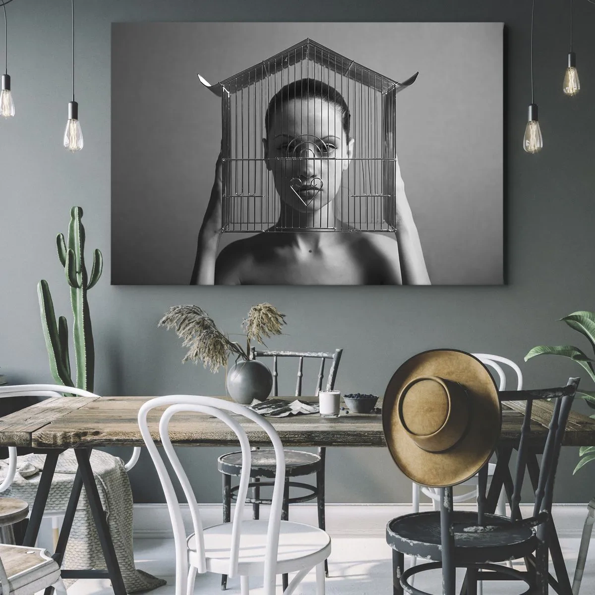 Bild auf Leinwand - Leinwandbild - Frau hinter einem Käfig im surrealen Stil - 120x80cm - Ein leicht surreales Portrait - Moderne Wanddekoration für Wohnzimmer und Schlafzimmer ARTTOR