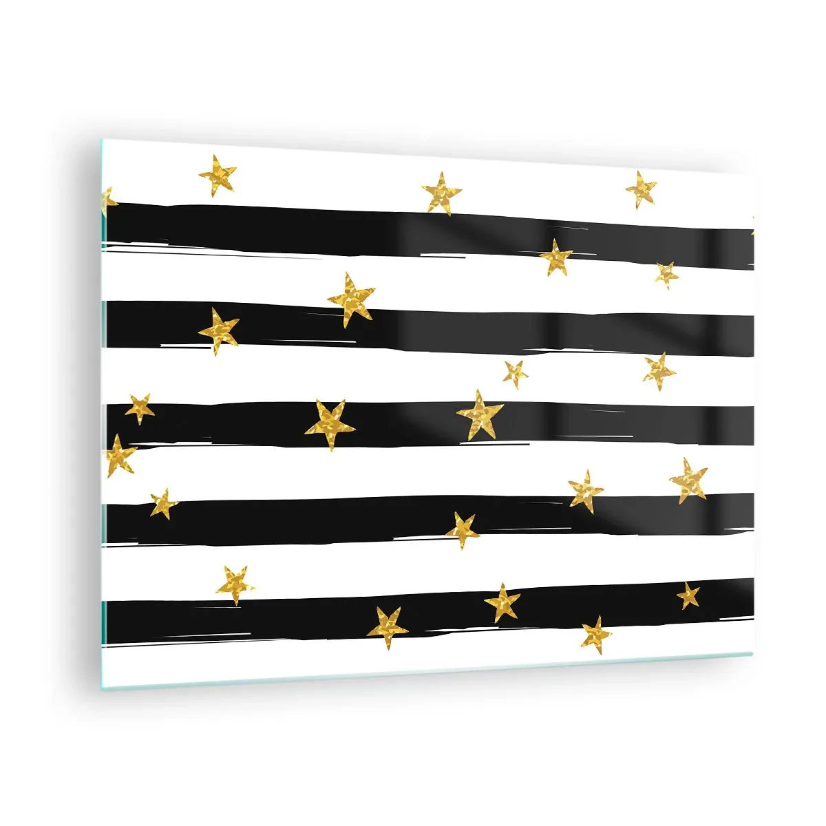 Glasbild - Bild auf glas - Schwarz-weiße Streifen mit goldenen Sternen - 70x50cm - Wir wurden alle unter einem glücklichen Stern geboren - Moderne Wanddekoration für Wohnzimmer und Schlafzimmer ARTTOR