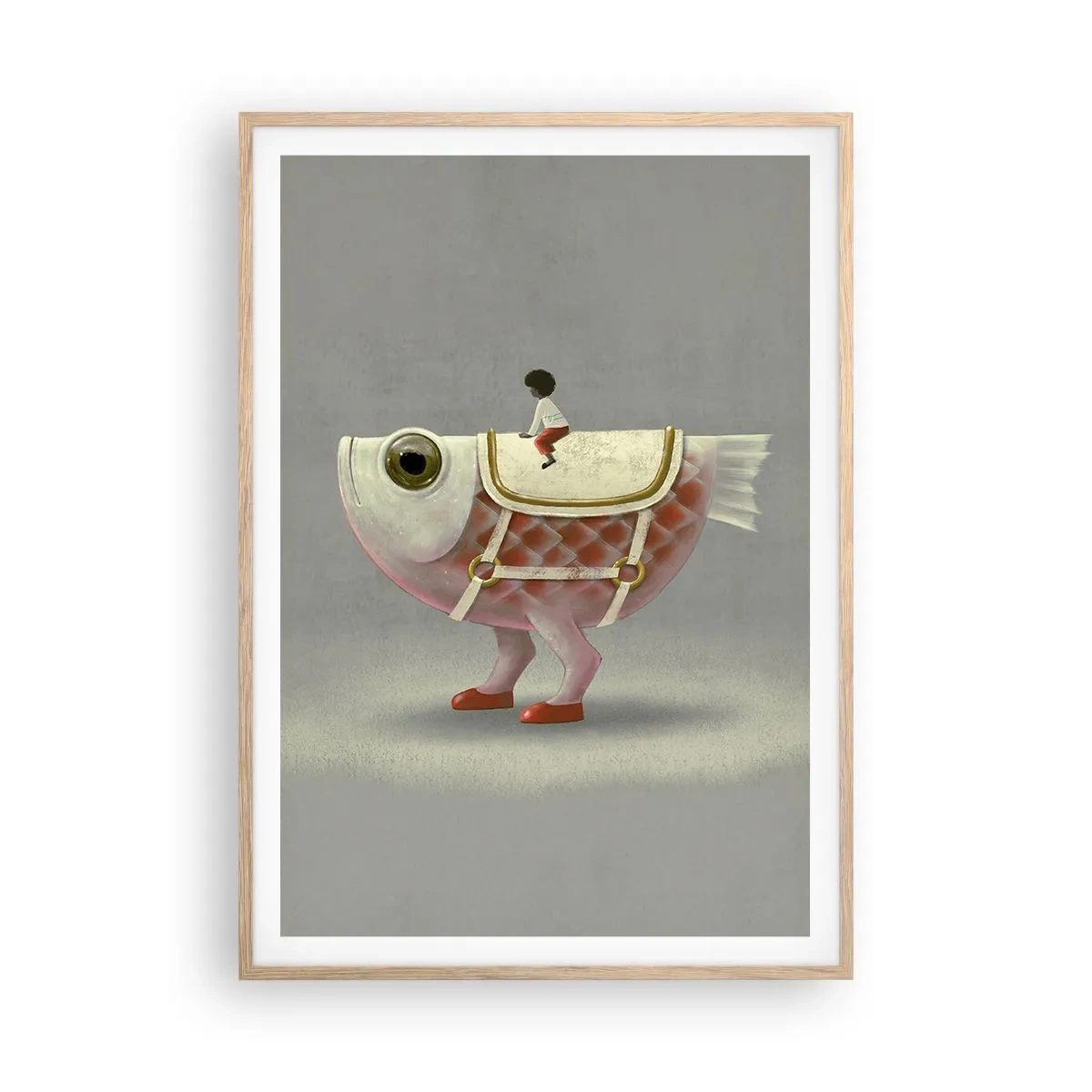 Poster in einem Rahmen aus heller Eiche - Reiter auf einem surrealen Fisch - 70x100 cm