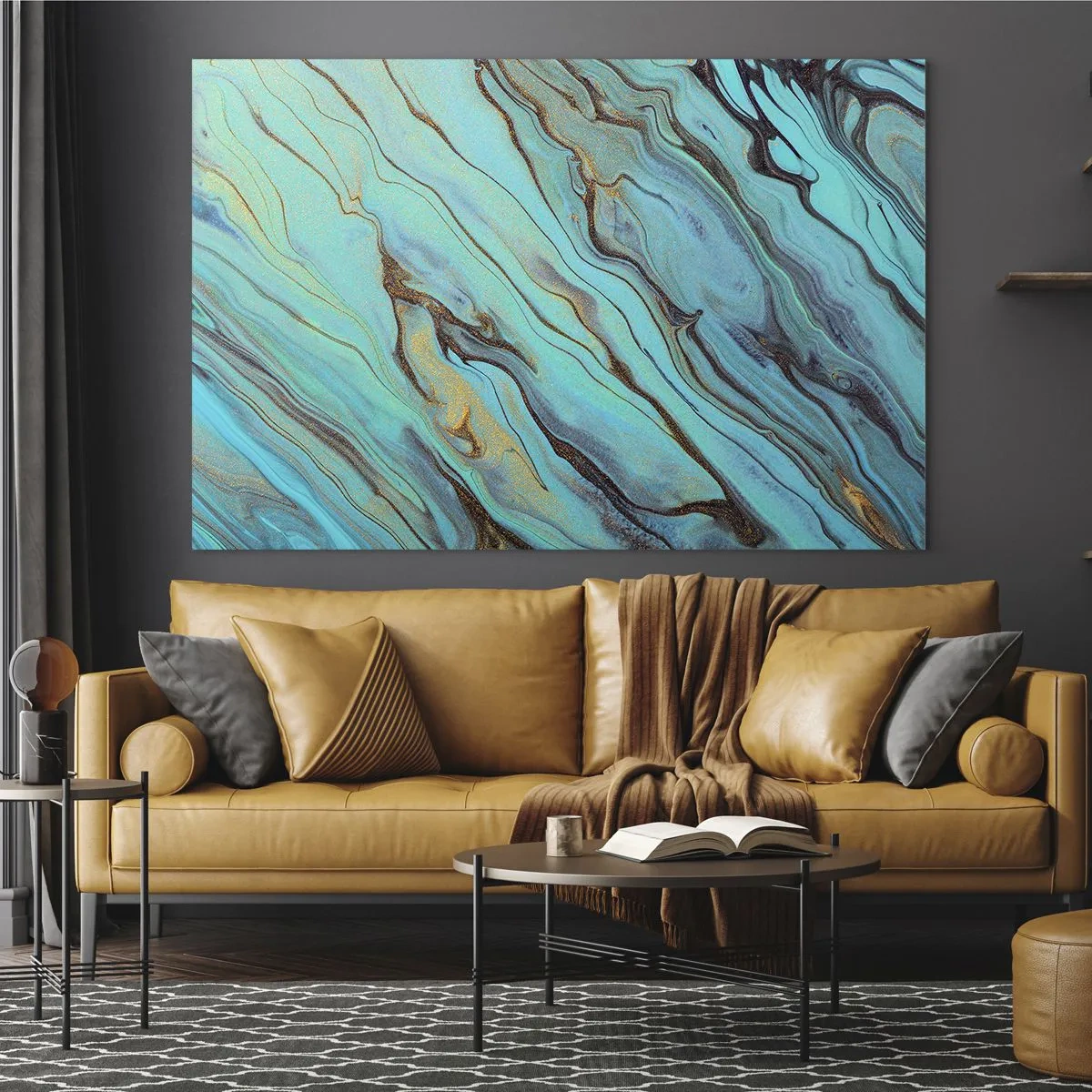 Glasbild - Bild auf glas - Abstrakte Streifen in Türkis und Gold - 120x80cm - Türkisfarbene Flut - Moderne Wanddekoration für Wohnzimmer und Schlafzimmer ARTTOR