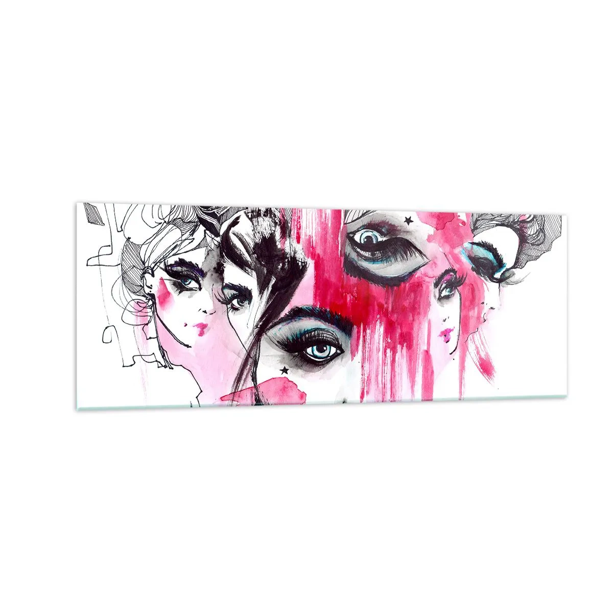 Glasbild - Bild auf glas - Abstraktes Gesicht in Rosa- und Schwarztönen - 140x50cm - Abstrakte Augen - Moderne Wanddekoration für Wohnzimmer und Schlafzimmer ARTTOR