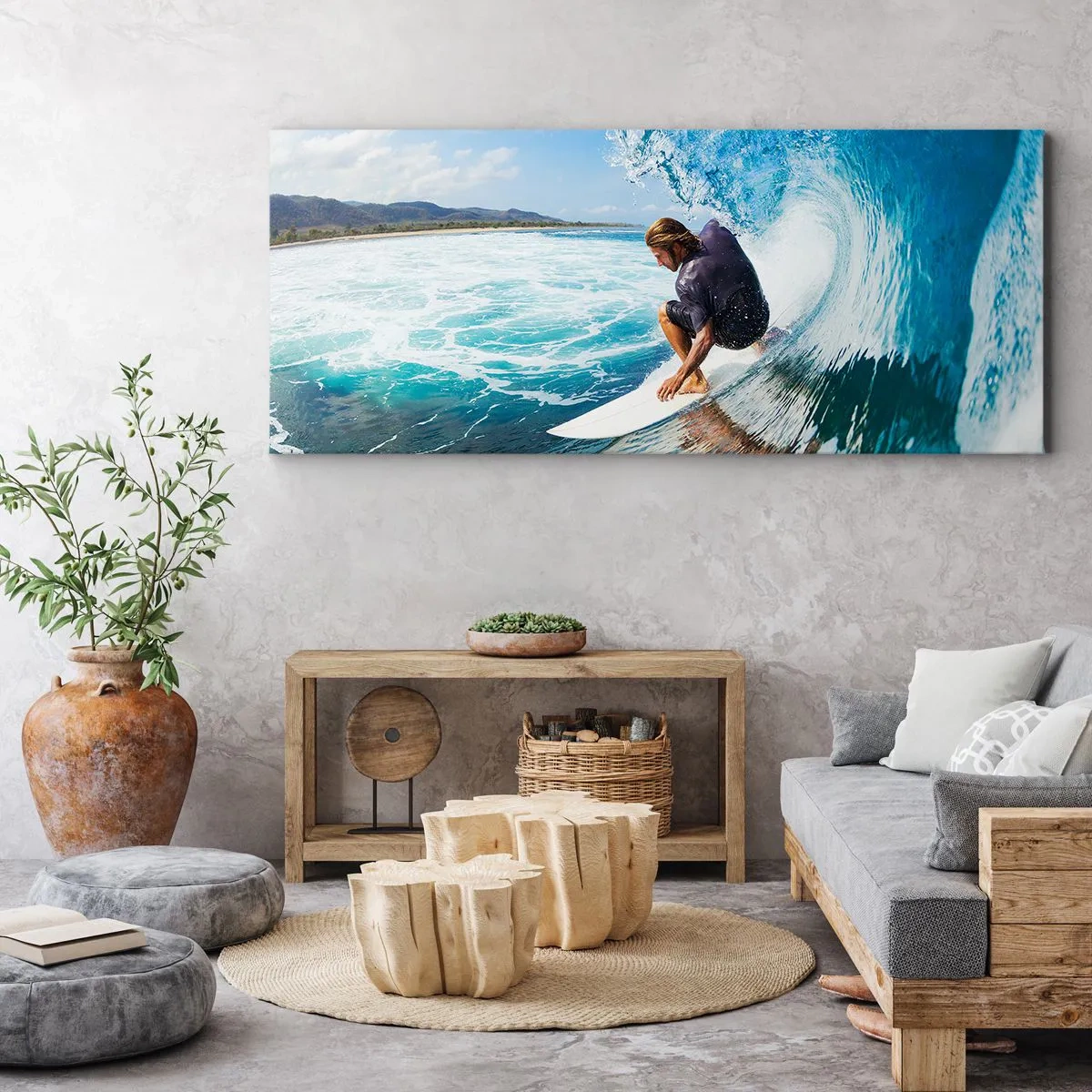 Bild auf Leinwand - Leinwandbild - Ein Surfer in dynamischer Pose auf einer Welle im türkisfarbenen Wasser. - 120x50cm - Tanzen mit den Wellen - Moderne Wanddekoration für Wohnzimmer und Schlafzimmer ARTTOR
