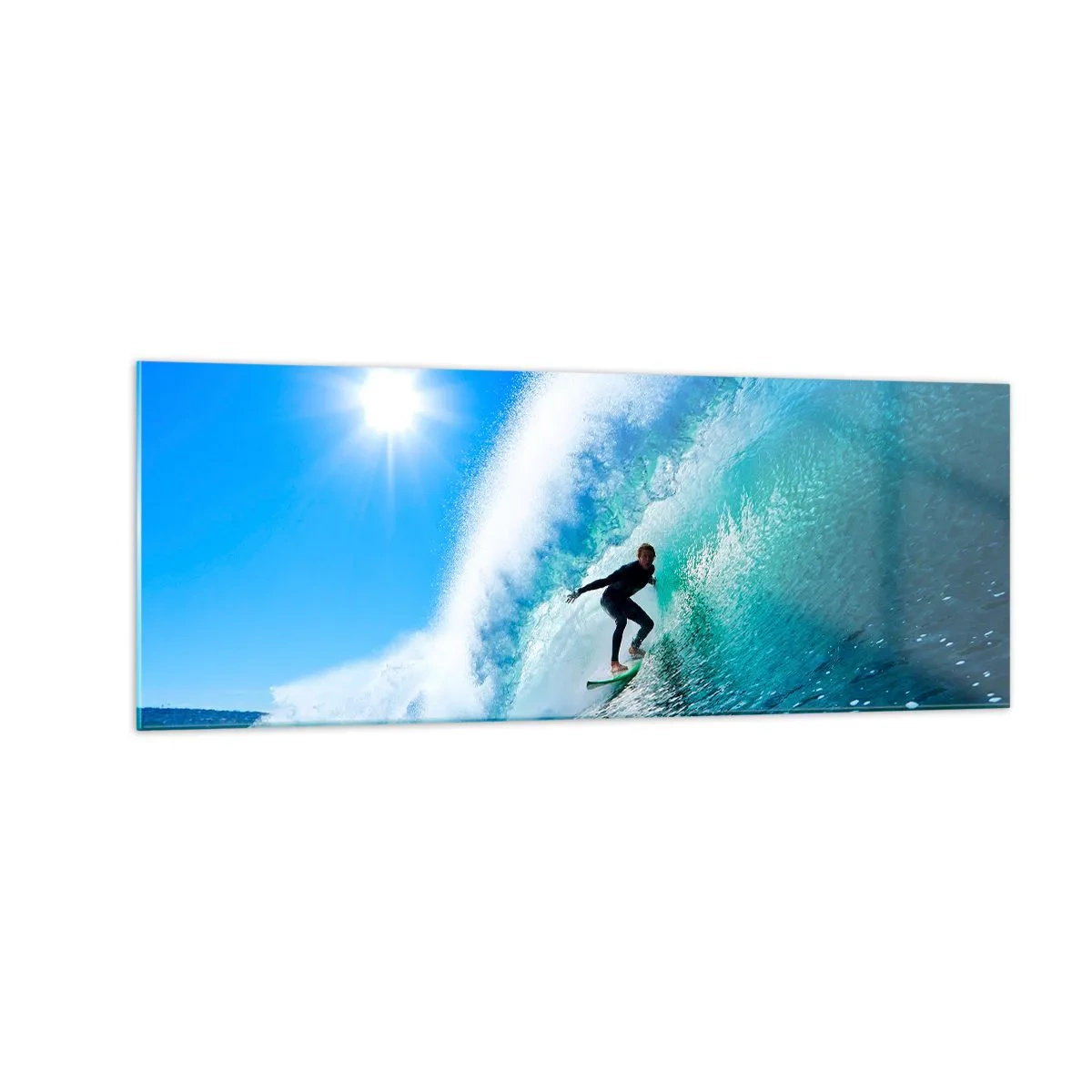 Glasbild - Bild auf glas - Ein Surfer auf einem Brett reitet unter blauem Himmel auf einer starken Welle. - 140x50cm - Durch das große Blau - Moderne Wanddekoration für Wohnzimmer und Schlafzimmer ARTTOR