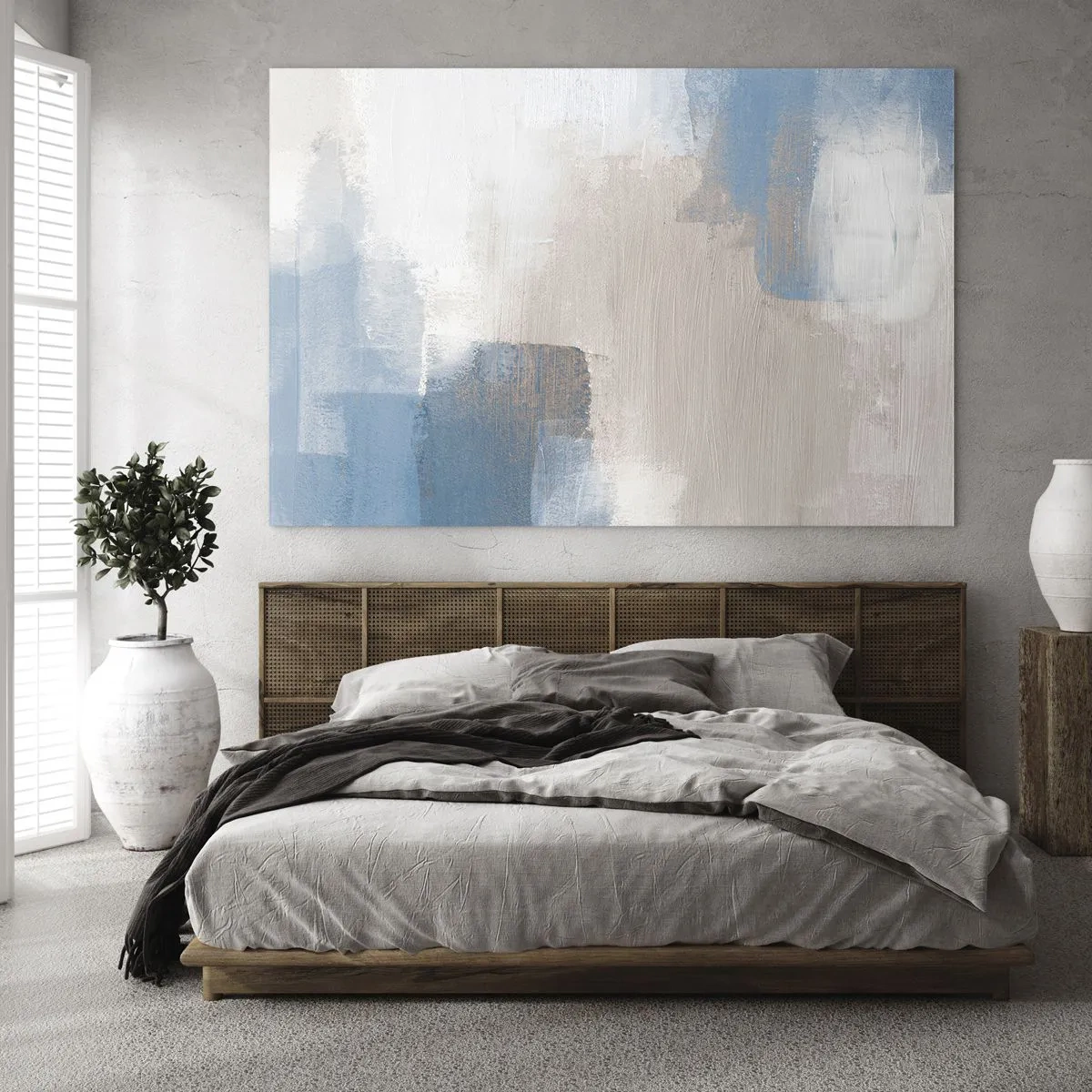 Glasbild - Bild auf glas - Beige und blaue Abstraktion in Pastellfarben - 120x80cm - Rosa Abstraktion hinter einem blauen Vorhang - Moderne Wanddekoration für Wohnzimmer und Schlafzimmer ARTTOR