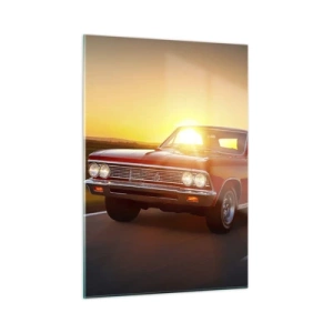 Glasbild - Bild auf glas - Roter Oldtimer vor der untergehenden Sonne - 50x70cm - Begehren ist rot - Moderne Wanddekoration für Wohnzimmer und Schlafzimmer ARTTOR