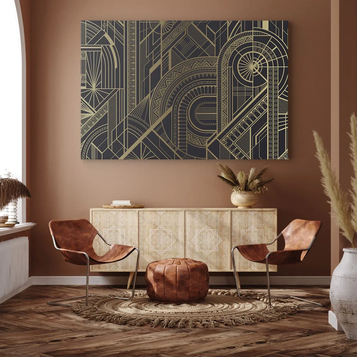 Bild auf Leinwand - Leinwandbild - Goldene geometrische Muster auf schwarzem Hintergrund im Art-Deco-Stil - 100x70cm - Konzepte, Ideen, Pläne - Moderne Wanddekoration für Wohnzimmer und Schlafzimmer ARTTOR