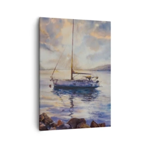 Bild auf Leinwand - Leinwandbild - Eine Yacht auf ruhigem Meer bei Sonnenuntergang - 50x70cm - Abend in der Bucht - Moderne Wanddekoration für Wohnzimmer und Schlafzimmer ARTTOR