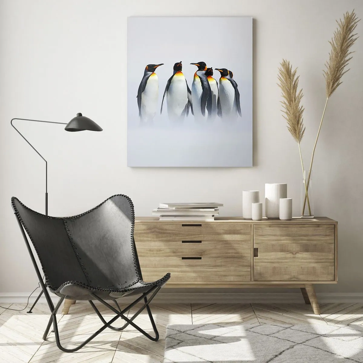 Glasbild - Bild auf glas - Eine Gruppe Pinguine in einer Winterlandschaft - 50x70cm - Treffen in Abendkleidern - Moderne Wanddekoration für Wohnzimmer und Schlafzimmer ARTTOR