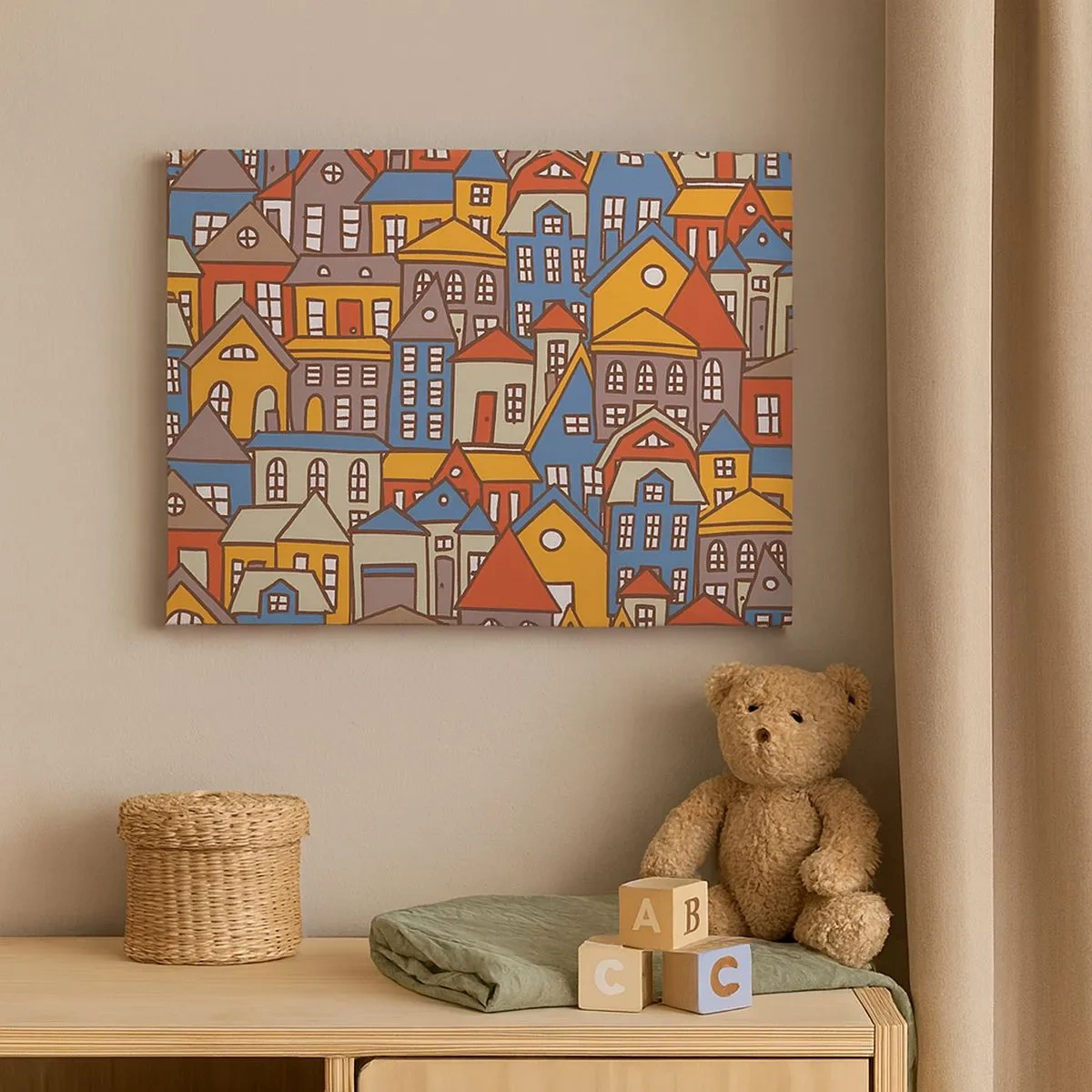 Bild auf Leinwand - Leinwandbild - Bunte Häuser im grafischen Stil auf hellem Hintergrund - 70x50cm - Hinter dem Haus ist das Haus - Moderne Wanddekoration für Wohnzimmer und Schlafzimmer ARTTOR