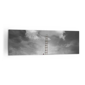 Bild auf Leinwand - Leinwandbild - Eine Person in einem roten Mantel und eine Leiter, die zu einer Wolke führt - 160x50cm - Alles ist möglich - Moderne Wanddekoration für Wohnzimmer und Schlafzimmer ARTTOR