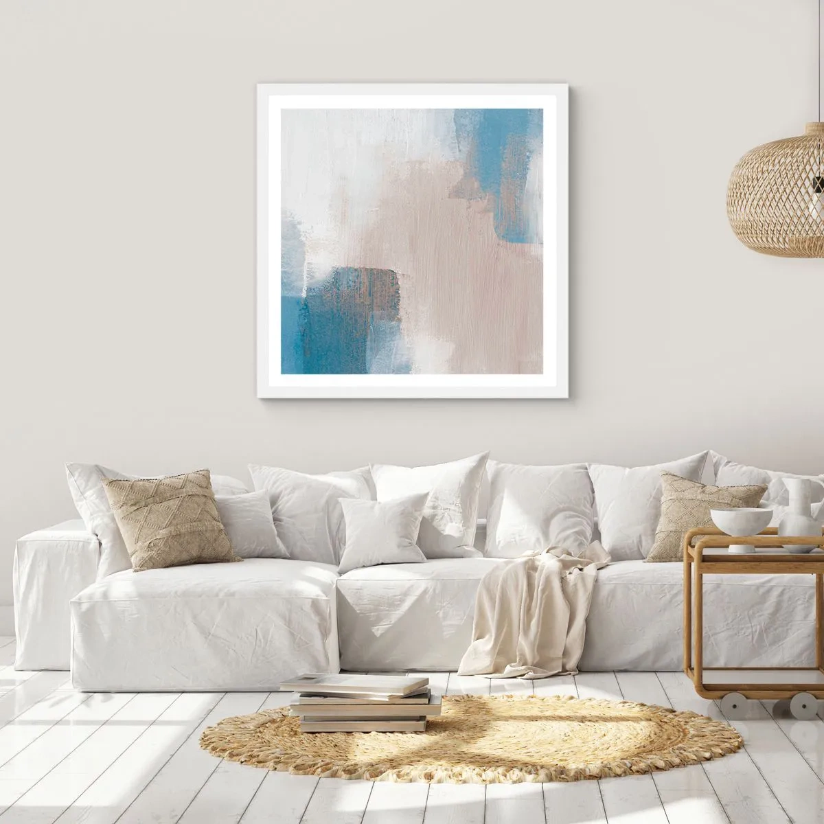 Poster in einem weißen Rahmen - Rosa Abstraktion hinter einem blauen Vorhang - 50x50 cm