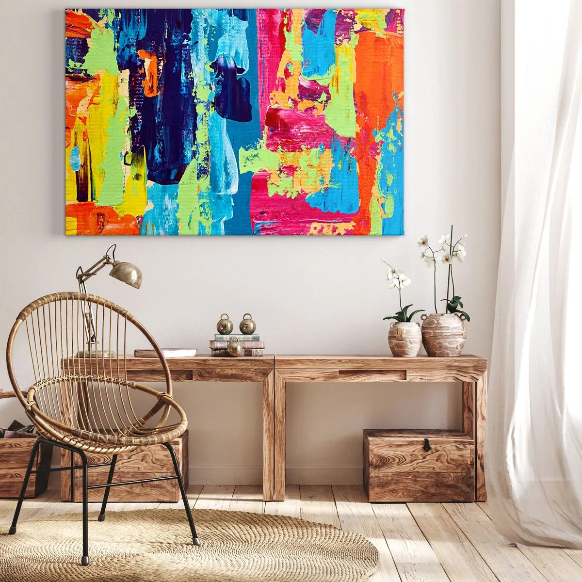Bild auf Leinwand - Leinwandbild - Abstrakte Farbkomposition in dynamischer Form - 70x50cm - Das Leben ist wunderschoen! - Moderne Wanddekoration für Wohnzimmer und Schlafzimmer ARTTOR
