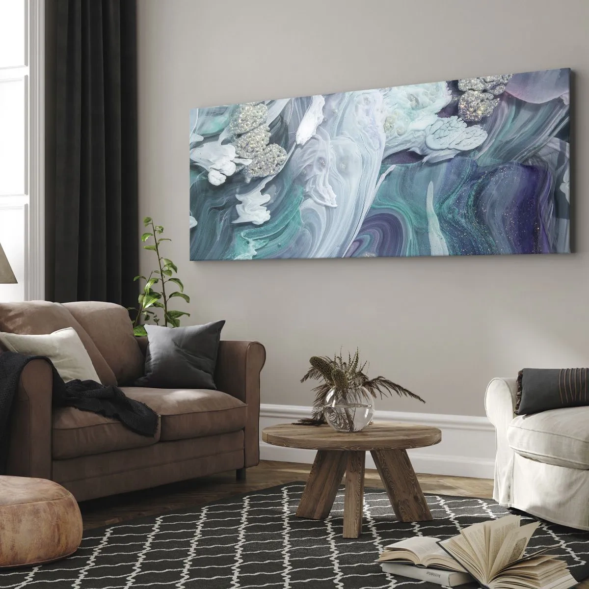 Bild auf Leinwand - Leinwandbild - Abstrakte Wirbel in Blau- und Weißtönen - 160x50cm - Strömungen von Himmelblau - Moderne Wanddekoration für Wohnzimmer und Schlafzimmer ARTTOR