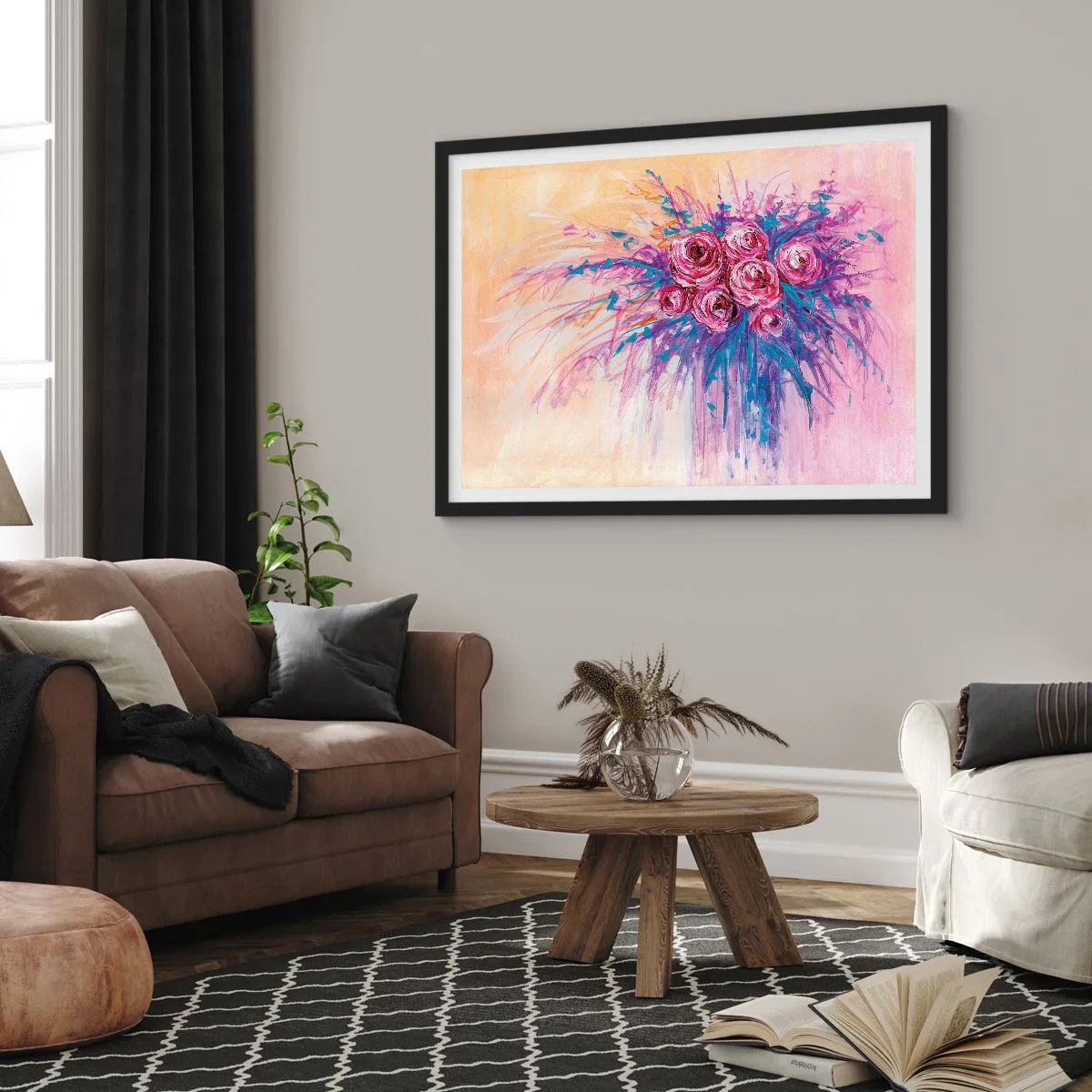 Poster in einem schwarzem Rahmen - Ein Strauß Rosen in Pastellfarben - 70x50cm - Rosenbrunnen - Moderne Wanddekoration für Wohnzimmer und Schlafzimmer ARTTOR