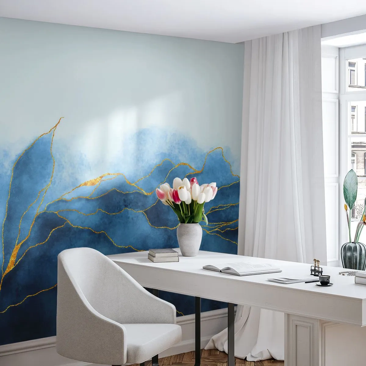 Fototapete Standard Eco - Blau im Gold - Luxus, Glanz, Abstraktion - 400x280 cm
