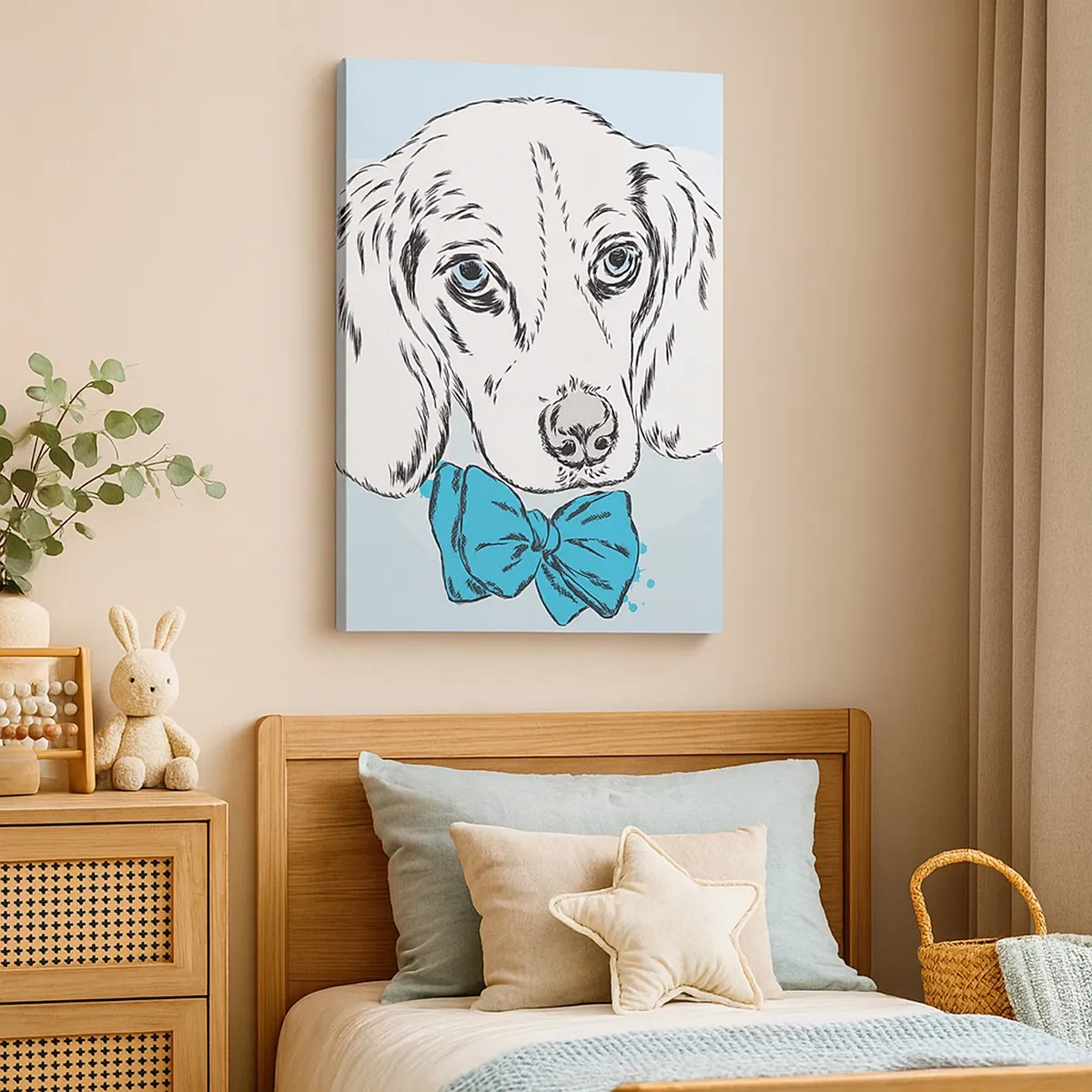 Bild auf Leinwand - Leinwandbild - Entzückende Grafik eines Hundes mit Fliege auf pastellfarbenem Hintergrund - 50x70cm - Hunde-Eleganz - Moderne Wanddekoration für Wohnzimmer und Schlafzimmer ARTTOR