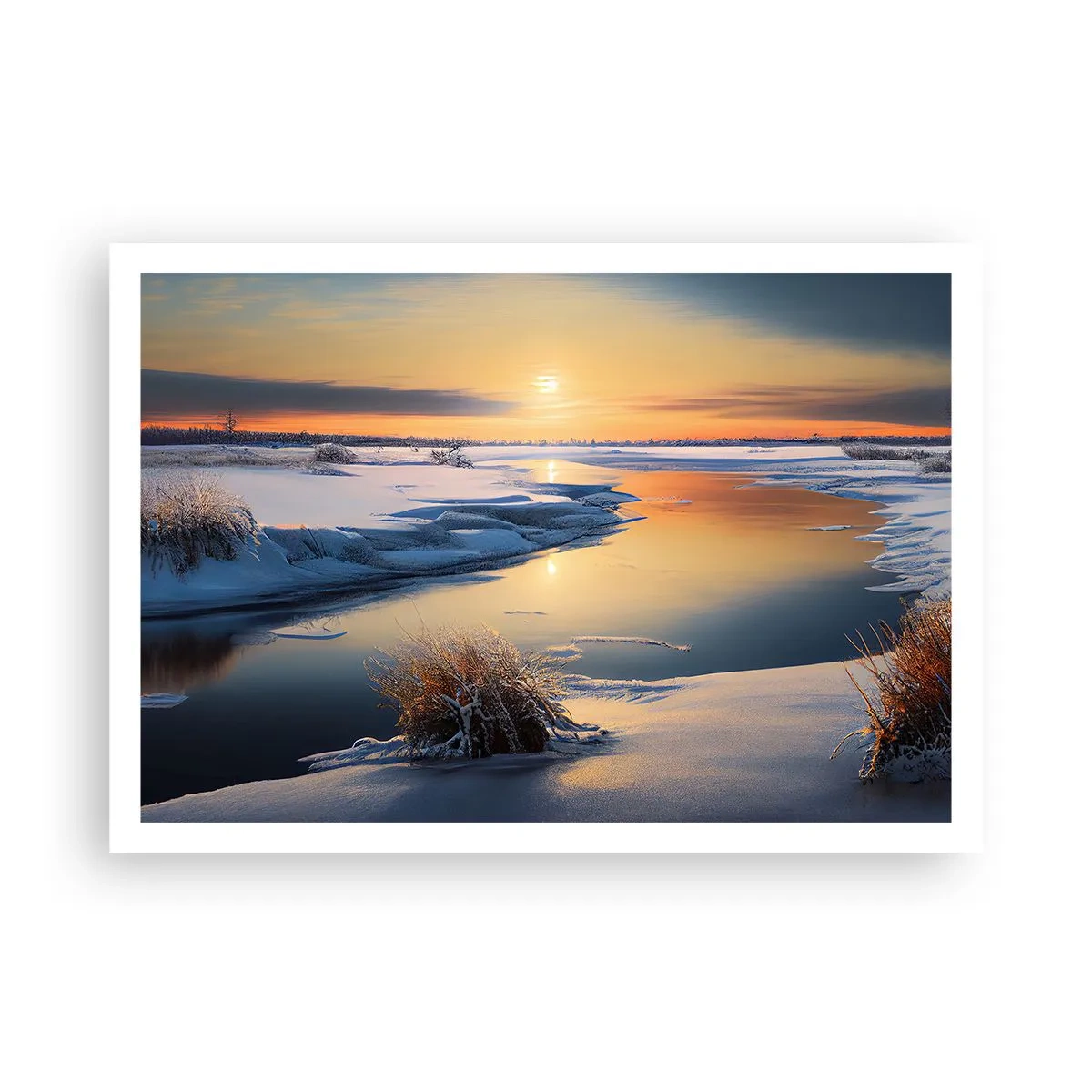 Poster - Winterlandschaft mit einem Fluss bei Sonnenuntergang - 100x70cm - Wintersonnenuntergang - Moderne Wanddekoration für Wohnzimmer und Schlafzimmer ARTTOR