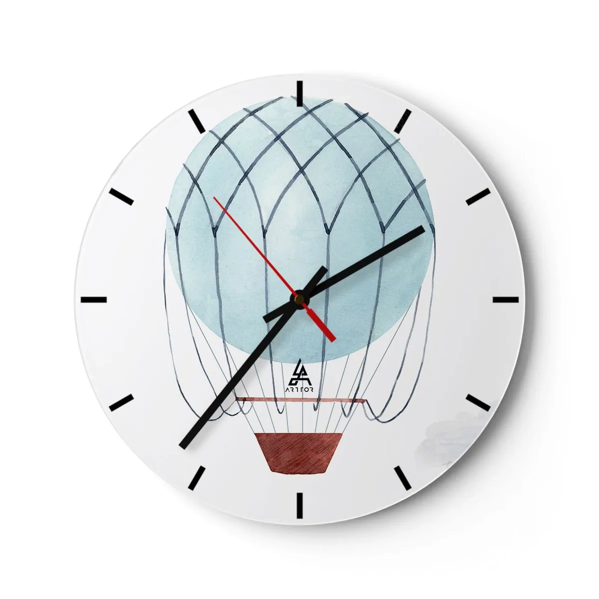 Wanduhr - Glasuhr - Illustration eines blauen Ballons auf weißem Hintergrund mit einem Korb - 30x30cm - Ganz in den Wolken - Moderne Wanddekoration für Wohnzimmer, Küche und Schlafzimmer ARTTOR