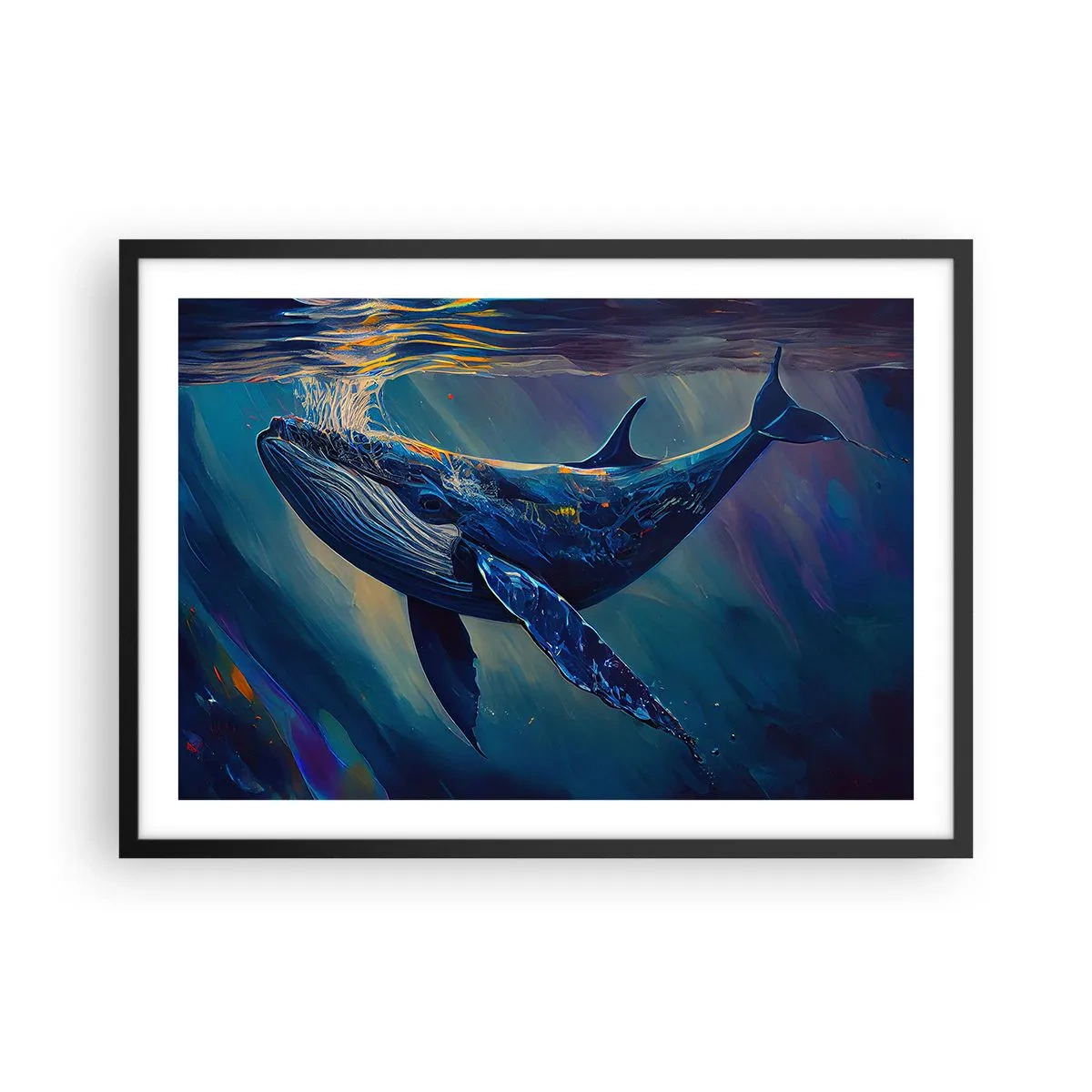 Poster in einem schwarzem Rahmen - Ein Wal in den Tiefen des Ozeans in leuchtenden Farben - 70x50cm - Willkommen in meiner Welt - Moderne Wanddekoration für Wohnzimmer und Schlafzimmer ARTTOR