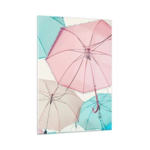 Glasbild - Bild auf glas - Bunte Regenschirme schweben in der Luft - 50x70cm - Mal Sonne, mal Regen - Moderne Wanddekoration für Wohnzimmer und Schlafzimmer ARTTOR
