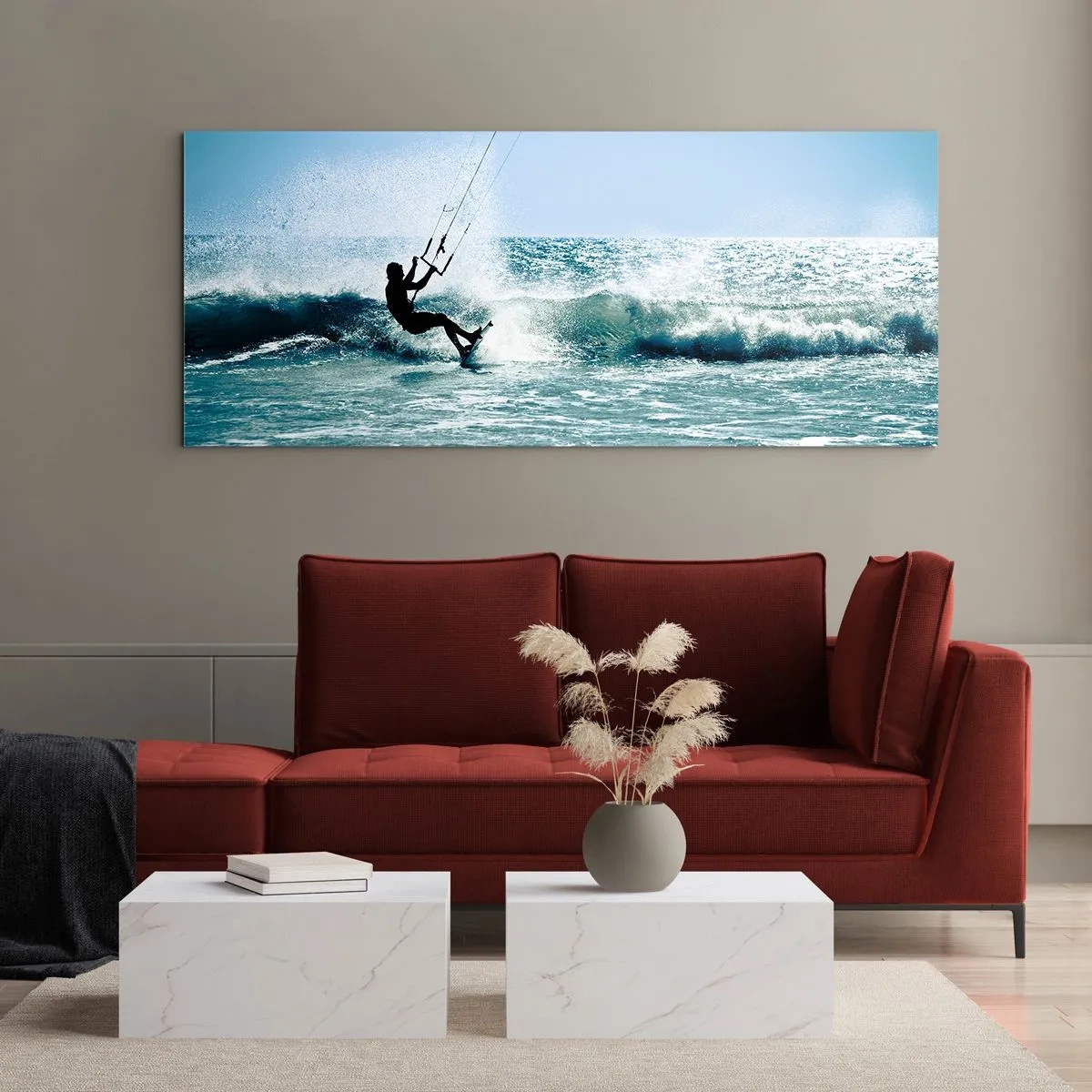 Glasbild - Bild auf glas - Kitesurfer reitet eine Welle in der vollen Sonne - 120x50cm - Hinreißen lassen - Moderne Wanddekoration für Wohnzimmer und Schlafzimmer ARTTOR