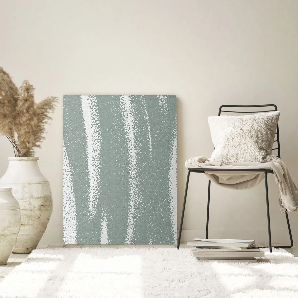 Glasbild - Bild auf glas - Weiße Streifen auf kühlem Grün - 50x70cm - Abstraktion im Winterklima - Moderne Wanddekoration für Wohnzimmer und Schlafzimmer ARTTOR