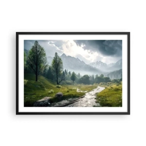 Poster in einem schwarzem Rahmen - Eine Berglandschaft mit einem Fluss und Bäumen, umgeben von nebligen Bergen - 70x50cm - Hin und zurück - Moderne Wanddekoration für Wohnzimmer und Schlafzimmer ARTTOR