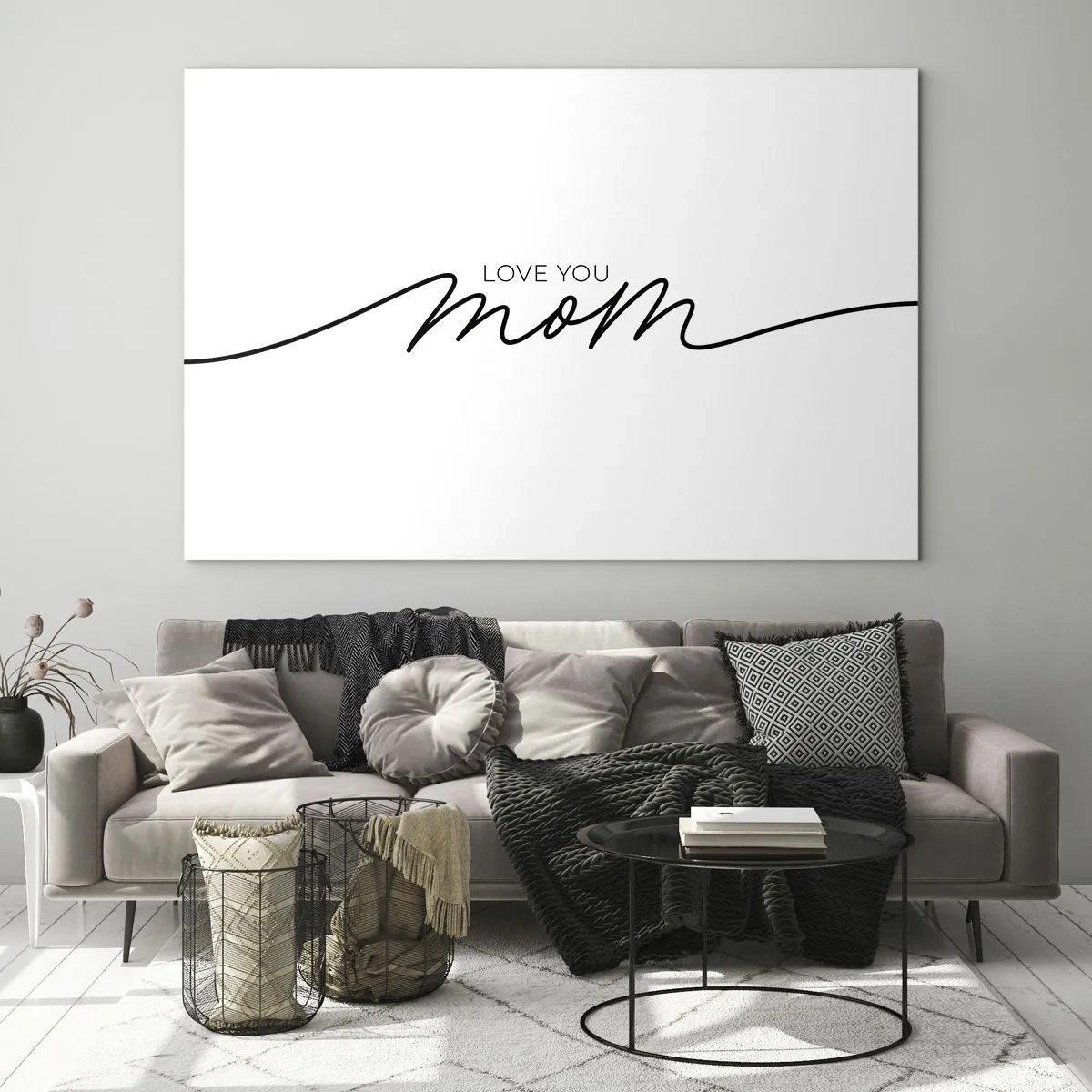 Glasbild - Bild auf glas - Minimalistische Love You Mom-Inschrift in Schwarz auf weißem Hintergrund - 100x70cm - Große Emotionen - Moderne Wanddekoration für Wohnzimmer und Schlafzimmer ARTTOR