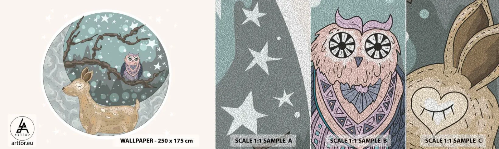 Fototapeten Muster Premium Sand - Eine märchenhafte Waldnacht - Für Kinder, Grafik, Sterne - 100x30 cm