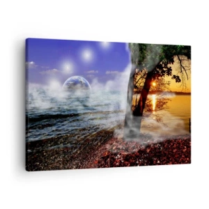Bild auf Leinwand - Leinwandbild - Fantastische Landschaft mit Meer, Bäumen und Sonnenuntergang. - 70x50cm - Surreale Landschaft - Einheit der Natur - Moderne Wanddekoration für Wohnzimmer und Schlafzimmer ARTTOR