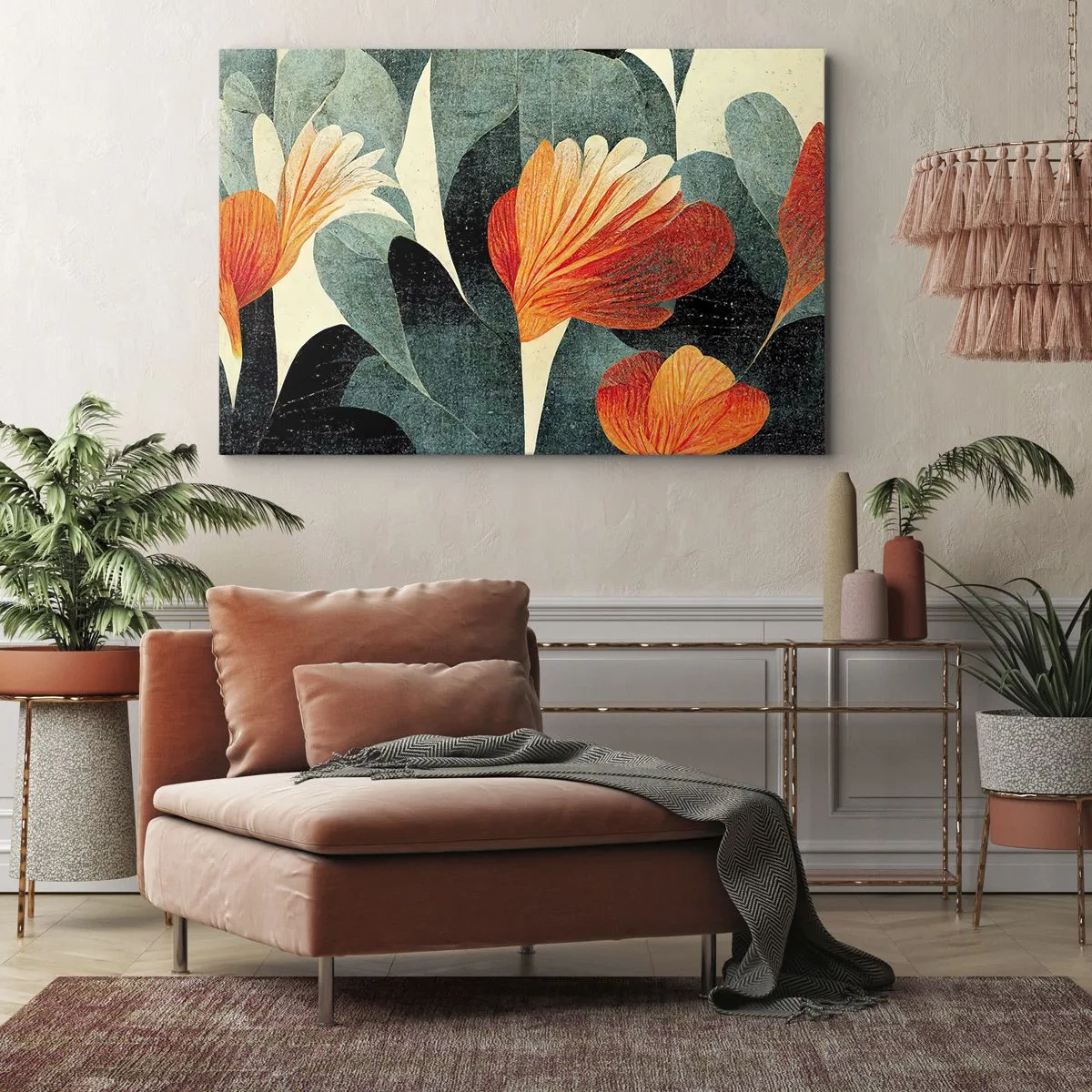 Bild auf Leinwand - Leinwandbild - Blüten in intensiven Orange- und Grüntönen - 100x70cm - Hitze der Tropen und Kühle des Grüns - Moderne Wanddekoration für Wohnzimmer und Schlafzimmer ARTTOR