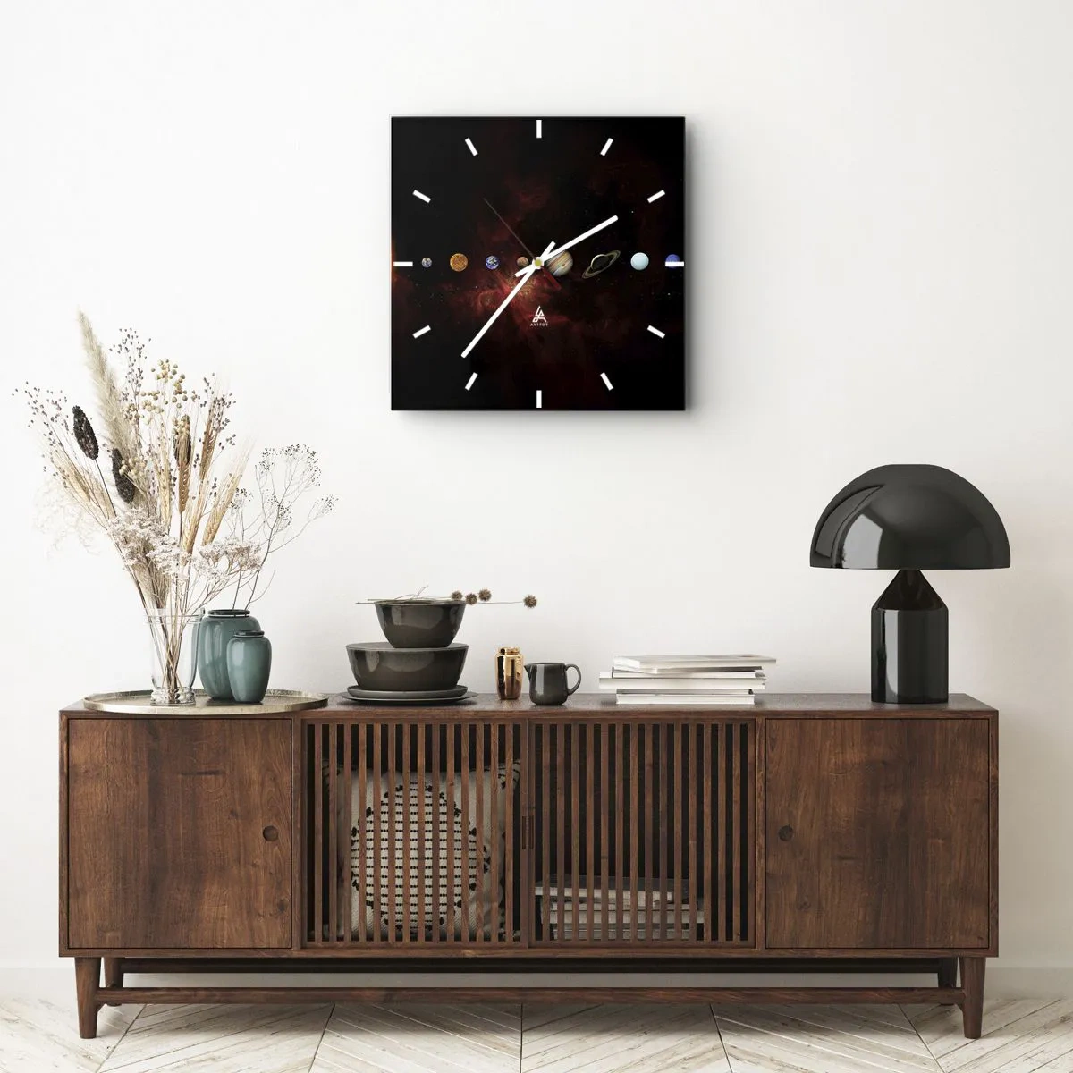 Wanduhr - Glasuhr - Das Sonnensystem mit Planeten vor dem Hintergrund des Weltraums - 30x30cm - Unsere Nachbarschaft - Moderne Wanddekoration für Wohnzimmer und Schlafzimmer ARTTOR