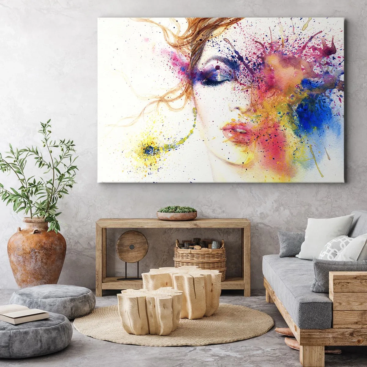 Bild auf Leinwand - Leinwandbild - Ein künstlerisches Frauenportrait in ausdrucksstarken Aquarellfarben. - 120x80cm - Regenbogenschwindel - Moderne Wanddekoration für Wohnzimmer und Schlafzimmer ARTTOR