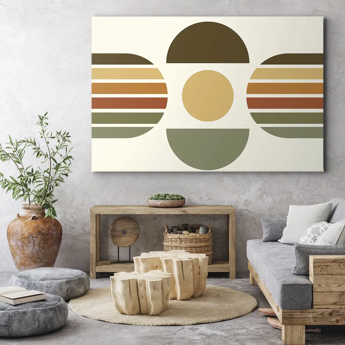 Bild auf Leinwand - Leinwandbild - Geometrische Komposition mit Halbkreisen und Streifen in Erdtönen - 70x50cm - In Erdtönen - Moderne Wanddekoration für Wohnzimmer und Schlafzimmer ARTTOR