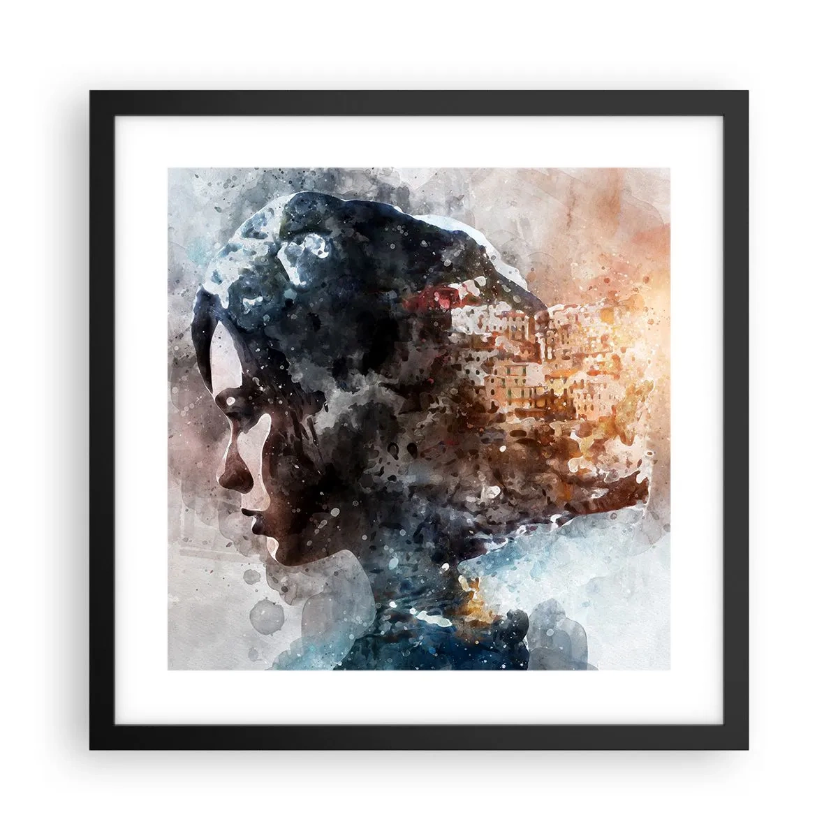 Poster in einem schwarzem Rahmen - Eine Geschichte über ein Mädchen mit einer Stadt im Hintergrund - 40x40 cm