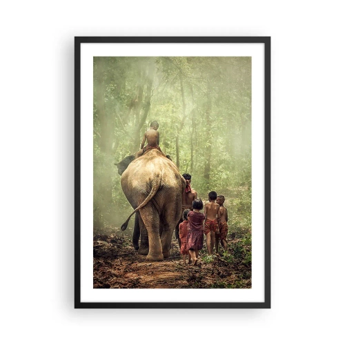 Poster in einem schwarzem Rahmen - Kinder und ein Elefant im Regenwald - 50x70cm - Neues Dschungelbuch - Moderne Wanddekoration für Wohnzimmer und Schlafzimmer ARTTOR