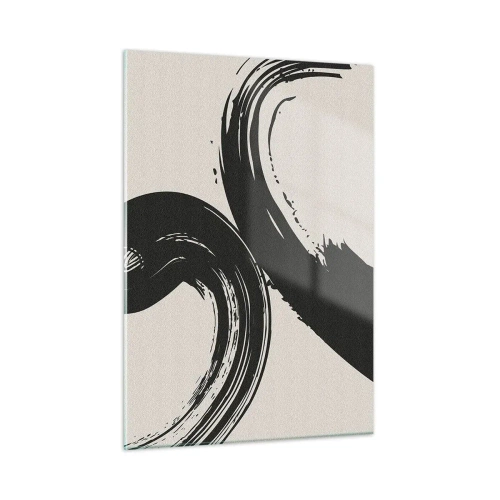 Glasbild - Bild auf glas - Schwarze, dynamische kalligrafische Pinselstriche auf hellem Hintergrund. - 50x70cm - Ausladend und kreisförmig - Moderne Wanddekoration für Wohnzimmer und Schlafzimmer ARTTOR