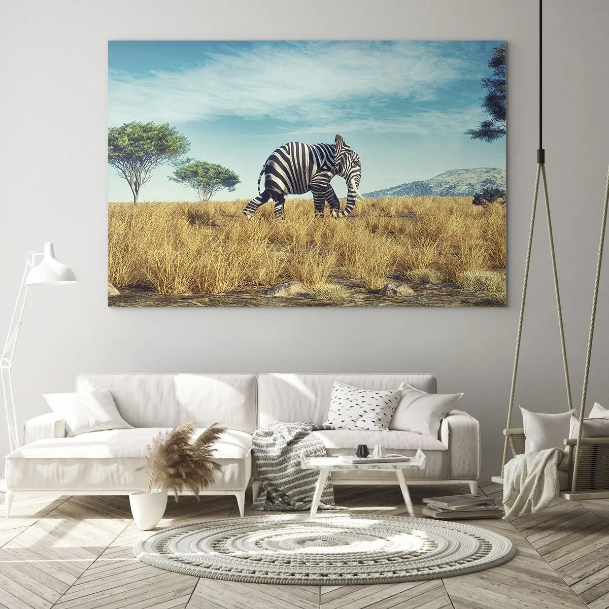 Glasbild - Bild auf glas - Ein Elefant mit Zebrastreifen in der Savanne unter freiem Himmel - 70x50cm - Grau ist nicht mehr in Mode - Moderne Wanddekoration für Wohnzimmer und Schlafzimmer ARTTOR