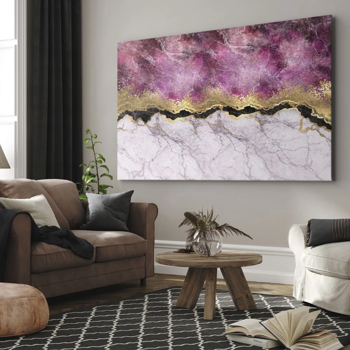 Bild auf Leinwand - Leinwandbild - Abstrakter Marmor in Rosatönen mit goldenen Akzenten - 70x50cm - An der Grenze - Moderne Wanddekoration für Wohnzimmer und Schlafzimmer ARTTOR