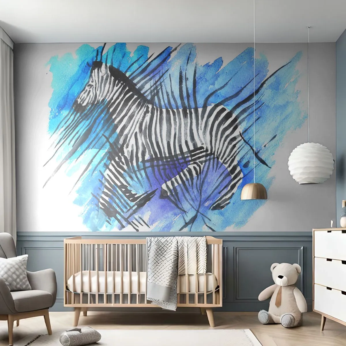 Fototapete Premium Sand - Aquarell Zebra auf einem abstrakten Hintergrund in Blautönen - 100x70cm - In Streifen versteckt - Moderne Wanddekoration für Wohnzimmer und Schlafzimmer ARTTOR