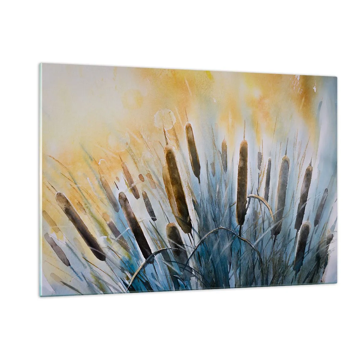 Glasbild - Bild auf glas - Bemalte Rohrkolben vor einem sonnigen Himmel - 120x80cm - Die Kälte des Wassers, die Hitze der Sonne - Moderne Wanddekoration für Wohnzimmer und Schlafzimmer ARTTOR
