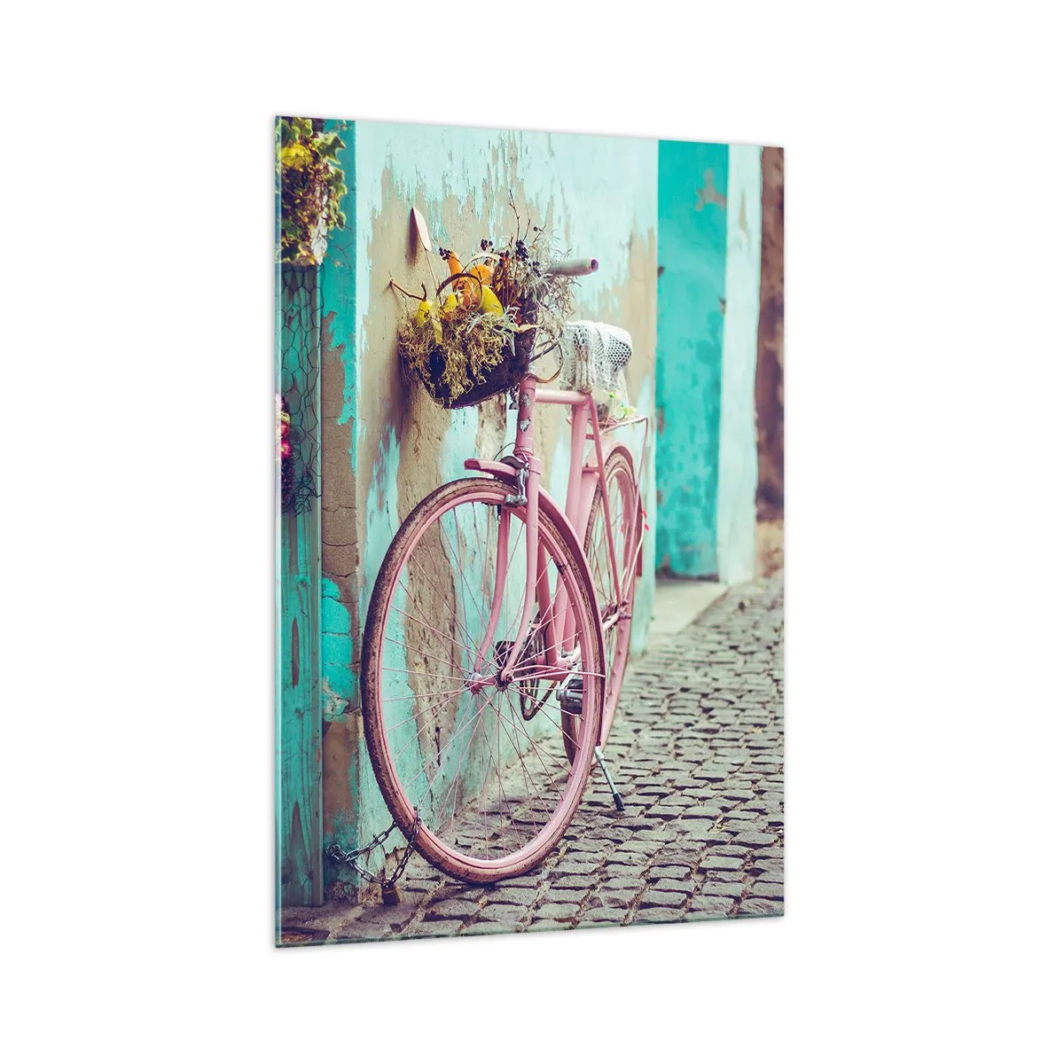 Glasbild - Bild auf glas - Ein rosa Fahrrad neben einer türkisfarbenen Tür - 70x100cm - Ich komme gleich wieder - Moderne Wanddekoration für Wohnzimmer und Schlafzimmer ARTTOR