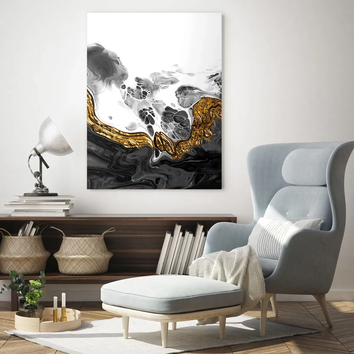 Glasbild - Bild auf glas - Eine abstrakte Komposition mit Akzenten in Gold und Schwarz. - 80x120cm - Organische Komposition - Moderne Wanddekoration für Wohnzimmer und Schlafzimmer ARTTOR